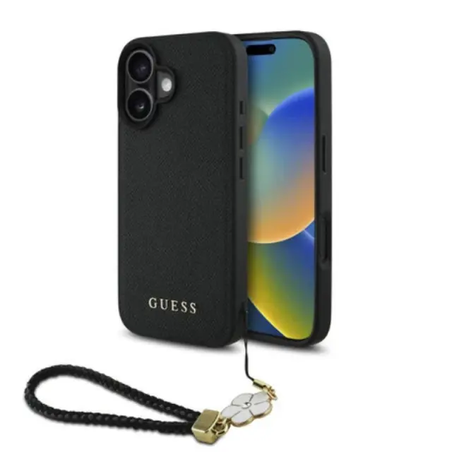 Guess Guess iPhone 16 Back cover case - Magsafe grained - flower charm strap - Black