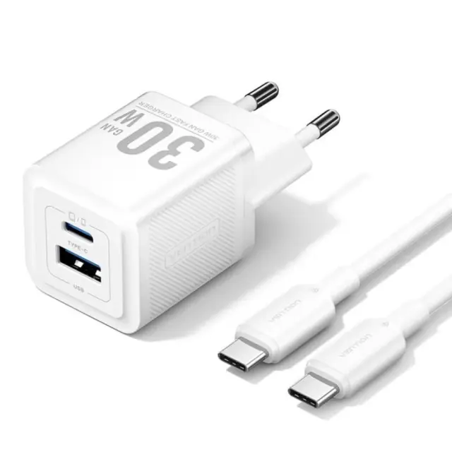 VENTION 2-Port USB (C + A) GaN Charger (70W/22.5W) with 5A USB-C to USB-C Cable (1M) EU-Plug White (TZ-FCGW0-EU) (VENTZ-FCGW0-EU)