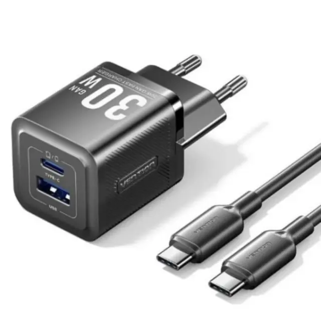 VENTION 2-Port USB (C + A) GaN Charger (30W/30W) with USB-C to USB-C Cable (1M) EU-Plug Black (TZ-FEQB0-EU-01) (VENTZ-FEQB0-EU-01)