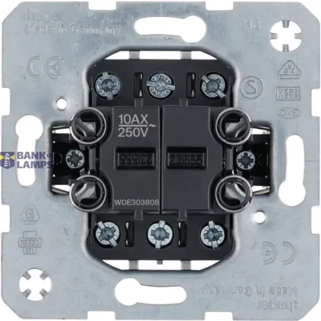 Double on/off/changeover switch with separate input terminals, 10A/250V, illuminated
