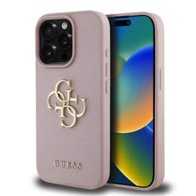 Guess PU Grained 4G Metal Logo Case for iPhone 15 Pro Pink