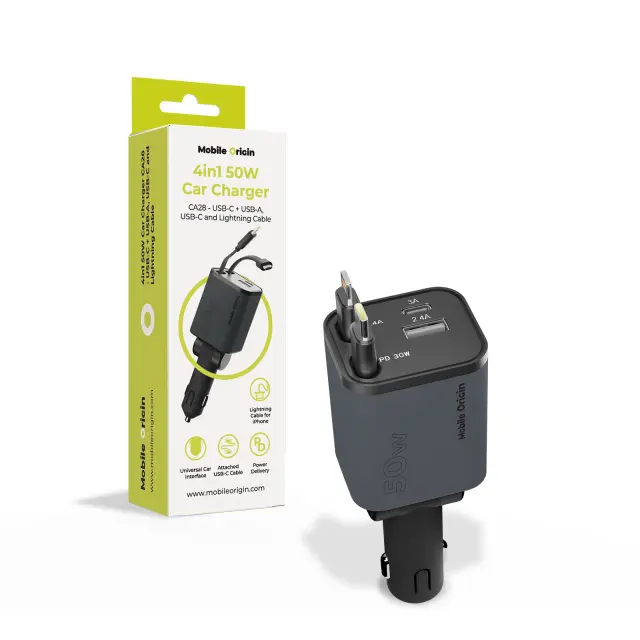 Mobile Origin 4in1 50W Car Charger CA28 - USB-C + USB-A, USB-C and Lightning Cable