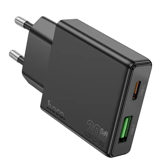 Φορτιστής Ταξιδίου Hoco N38 Delgado Ultra Thin με 2 Εξόδους Φόρτισης 1xUSB-C PD20W και USB-A QC3.0A Μαύρος