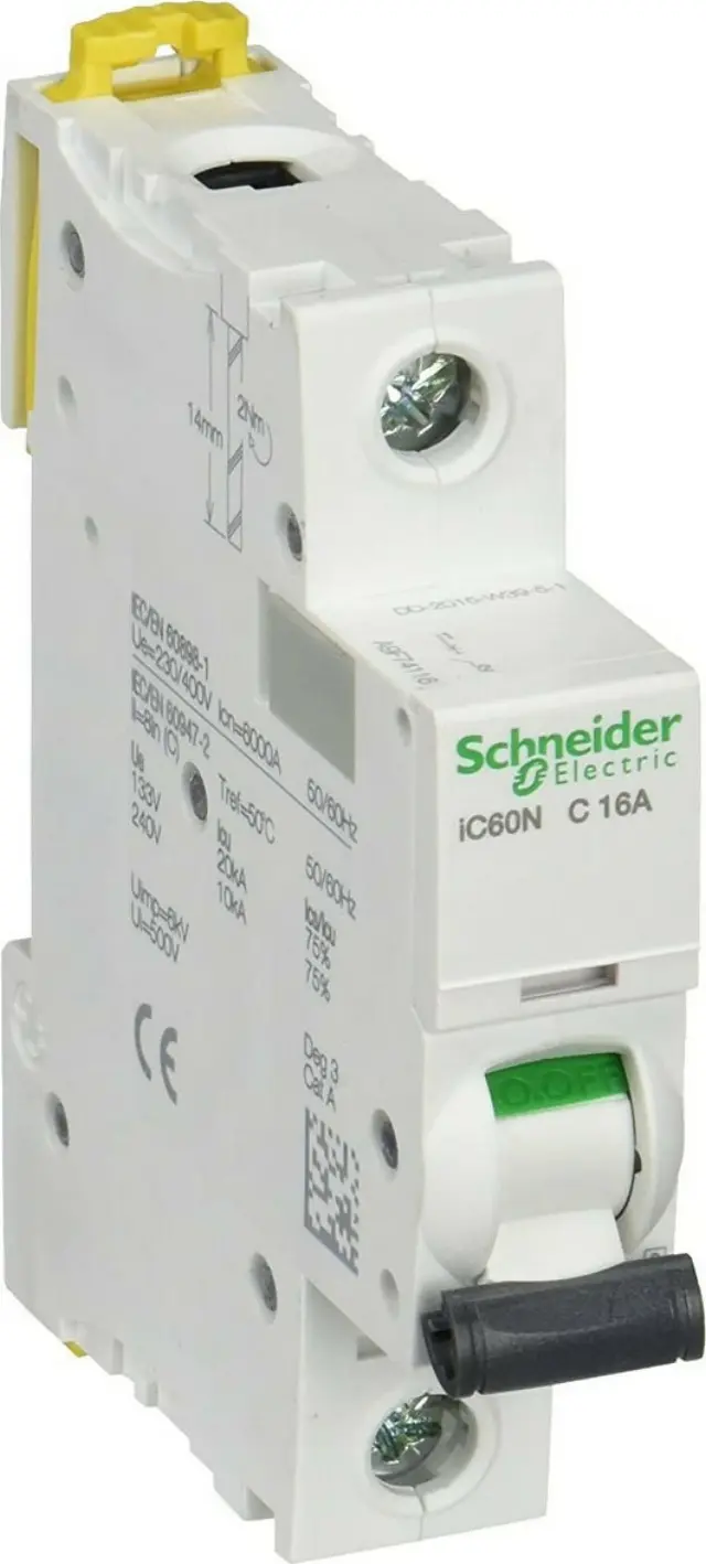 Miniature circuit-breaker, Acti9 iC60N, 1P, 16 A, C curve, 6000 A (IEC 60898-1), 10 kA (IEC 60947-2)