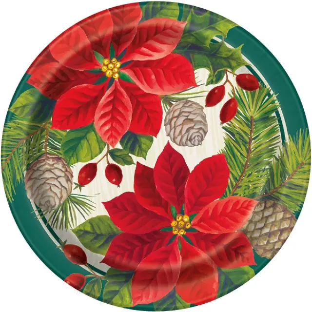 Πιάτα Χάρτινα Γλυκού Red & Green Poinsettia / 8 τμχ