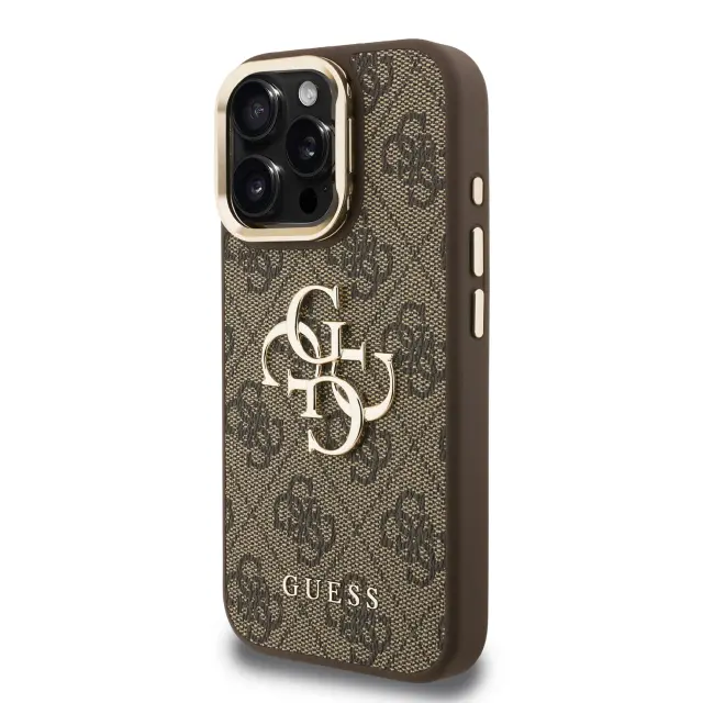 Guess PU 4G Metal Logo Stand Camera Frame Case for iPhone 15 Pro Brown 2