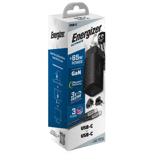 Φορτιστής Ταξιδίου Energizer A65MUC PD65W με Έξοδο USB-C/USB-A Μαύρο GaN Tech με Καλώδιο USB-C σε USB-C