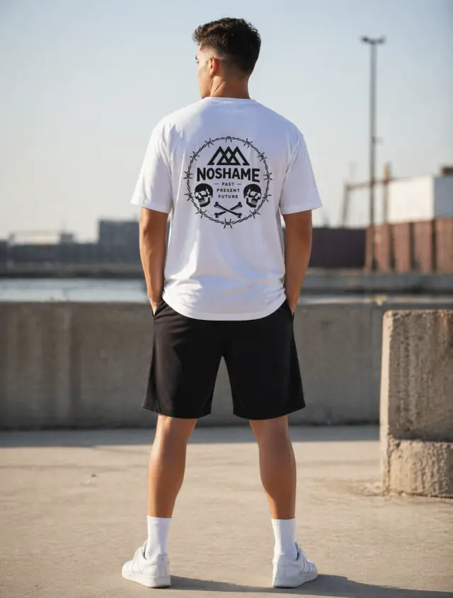 Noshame® Σετ T-shirt Oversized & Βερμούδα Λευκό-Μαύρο με τύπωμα - 752620 - XXL