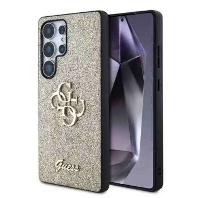 Guess PU Fixed Glitter 4G Metal Logo Case for Samsung Galaxy S25 Ultra Gold