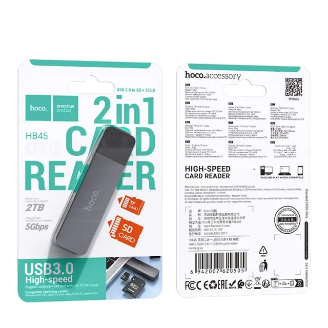 Αναγνώστης Κάρτας Μνήμης Hoco HB45 Spirit 2-σε-1 USB 3.0 έως 5Gbps και 2TB για Micro SD και SD Γκρι 2
