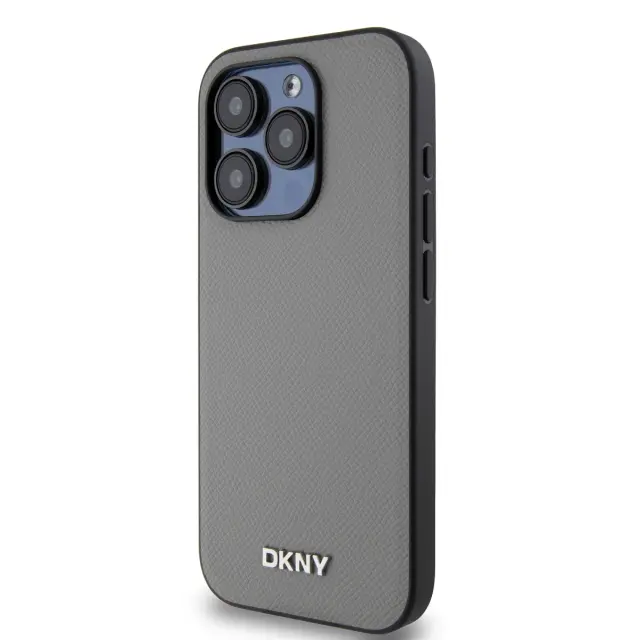 DKNY PU Leather Silver Metal Logo Magsafe Case for iPhone 15 Pro Grey 3