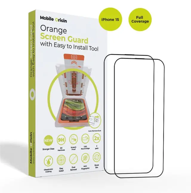 Mobile Origin Orange Screen Guard iPhone 15 with easy applicator, 2 pack