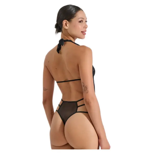Milena Γυναικείο Δαντελένιο Κορμάκι Halter με Ανοίγματα, Χρώμα Μαύρο 2