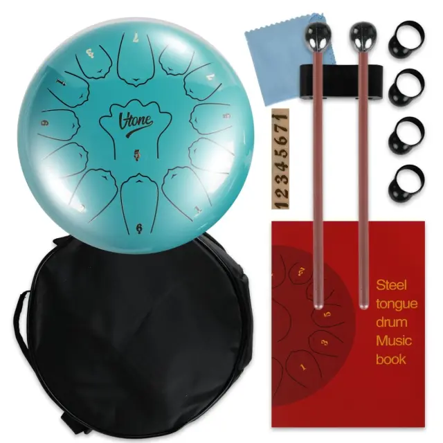V-TONE VBJ 12-13 C steel tongue drum tank drum hank drum cyan 12 inch 13 tone drumsticks case with strap 4 finger caps stick rest stickers melody list cloth kit 3