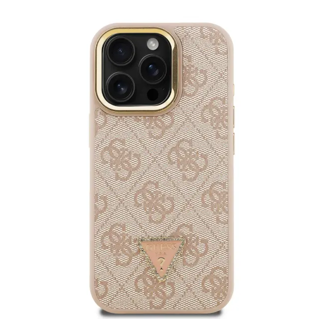 Guess PU 4G Strass Triangle Logo Stand Camera Frame MagSafe Case for iPhone 15 Pro Max Pink 3