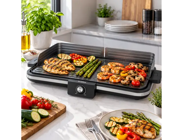 Ηλεκτρική Ψησταριά Severin 8564 με ισχύ 2300W, ρυθμιζόμενο θερμοστάτη, λεία και αυλακωτή πλάκα και επιφάνεια ψησίματος 50x30cm - Black 8564