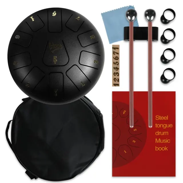 V-TONE VBJ 8-11 BK Steel Tongue Drum Tank Drum Hank Drum Black 8 Inch 11 Tones Drumsticks Case with Strap 4 Finger Cots Stick Rest Stickers Tune List Cloth Kit 3