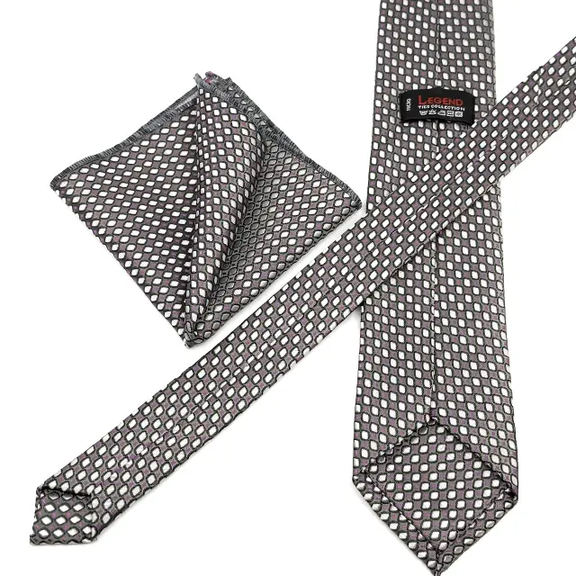 Γραβάτα Microfiber σε Μωβ Μοτίβο Σετ με Μαντηλάκι 3