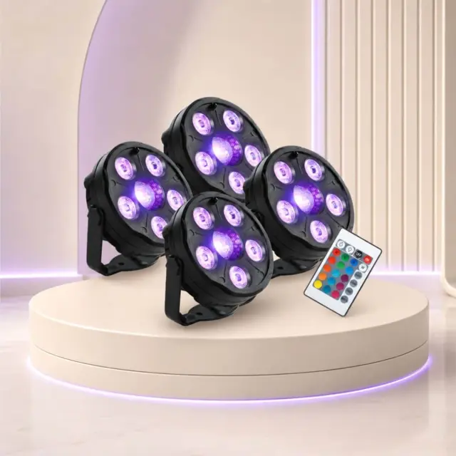 LIGHT4ME 4PAR SET IR 4-light RGB LED PAR kit for party and DJ lighting wireless remote control mounting brackets AC power supply 3