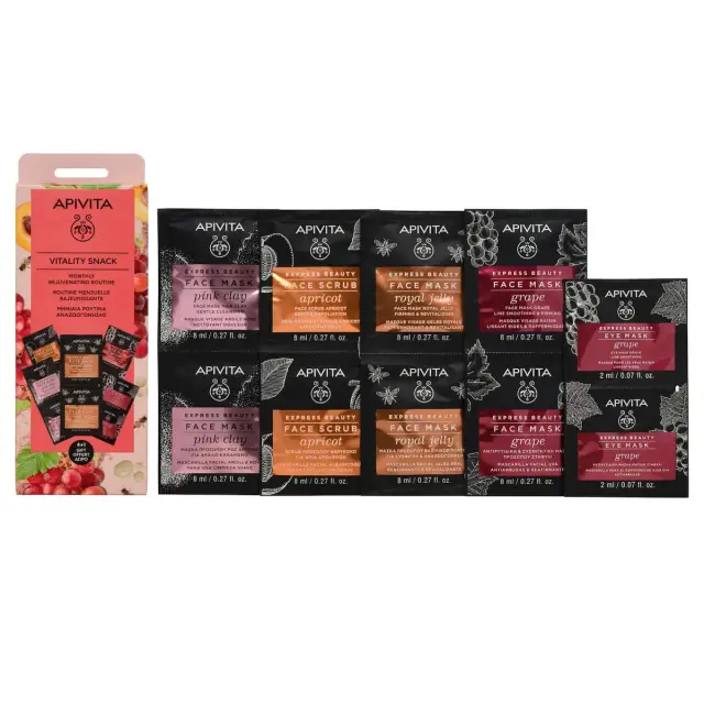 Apivita Vitality Snack Σετ Περιποίησης για Καθαρισμό Προσώπου με Scrub Προσώπου , Μάσκα Ματιών & Μάσκα Προσώπου 5τμχ