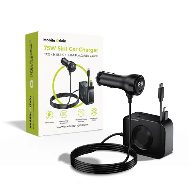 Mobile Origin 75W 5in1 Car Charger CA23 - 2x USB-C + USB-A Port, 2x USB-C Cable