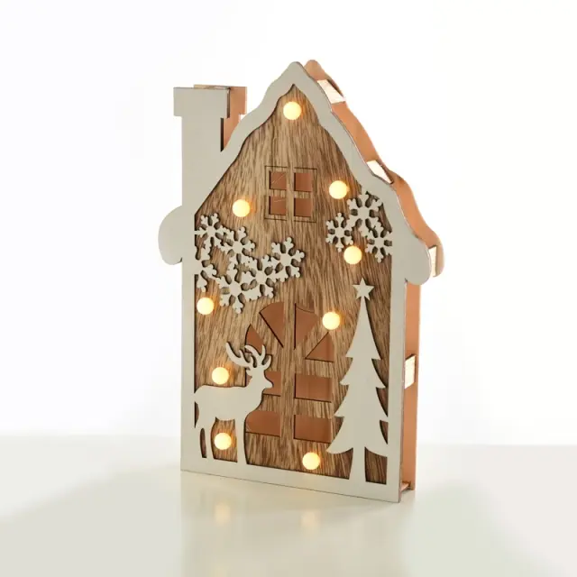 AcaLight Offer ΧΡΙΣΤΟΥΓΕΝΝΙΑΤΙΚΗ ΔΙΑΚΟΣΜΗΤΙΚΗ ΞΥΛΙΝΗ ΒΑΣΗ ΜΕ ΣΠΙΤΙ 9 LED ΘΕΡΜΟ ΛΕΥΚΟ ΜΕ ΜΠΑΤΑΤΑΡΙΕΣ 2XAA IP20 190Χ40x290mm