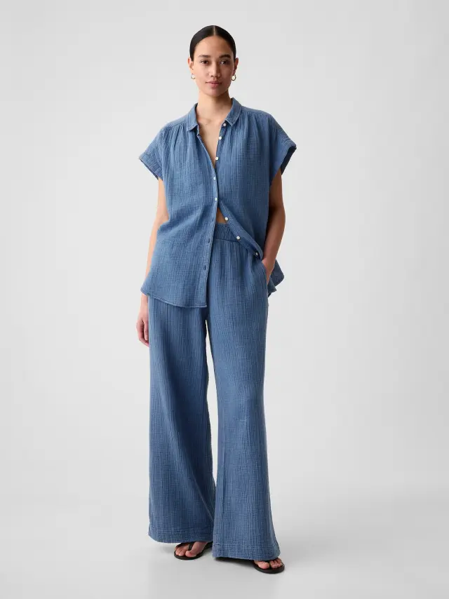 Μπλε High Rise Crinkle Gauze Wide-Leg Παντελόνι blue denim wash