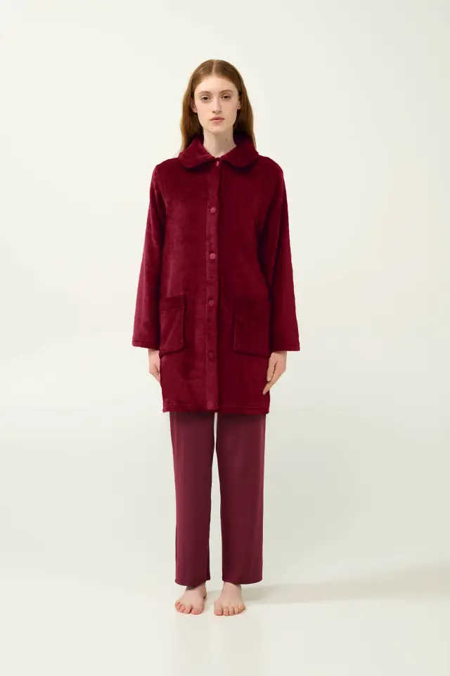 Μονόχρωμη Γυναικεία Ρόμπα Fleece Κουμπωτή Vamp 23362 RED PORTO - XL