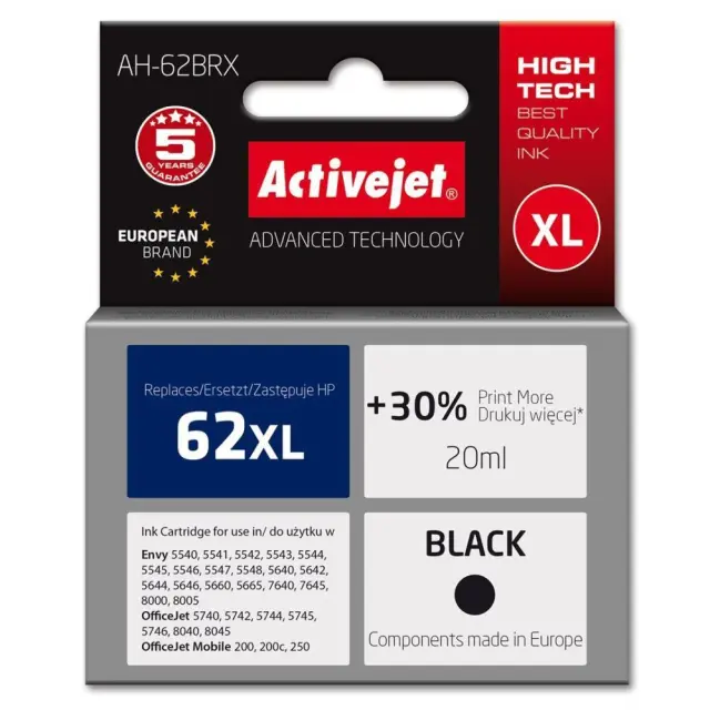 Activejet AH-62BRX ink (replacement for HP 62XL C2P05AE; Premium; 20 ml; black)