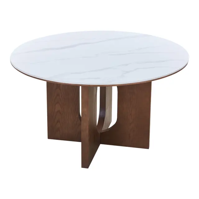Τραπέζι Merge pakoworld sintered stone-mdf σε λευκό μαρμάρου με καρυδί βάση Φ130x75εκ 2