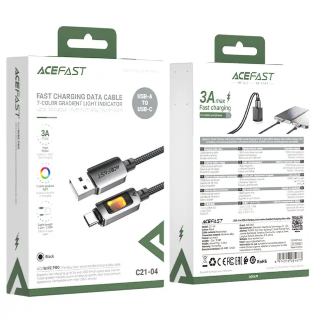 Καλώδιο Acefast C21-04 USB-A σε USB-C 3A Fast Charge USB2.0 με LED Φωτισμό Braided Μαύρο 1.2m 2