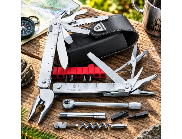 Ελβετικό Πολυεργαλείο Victorinox Swiss Tool X Plus Ratchet με δερμάτινη θήκη, 38 λειτουργίες και μήκος 11.5cm - Silver 3.0339.L