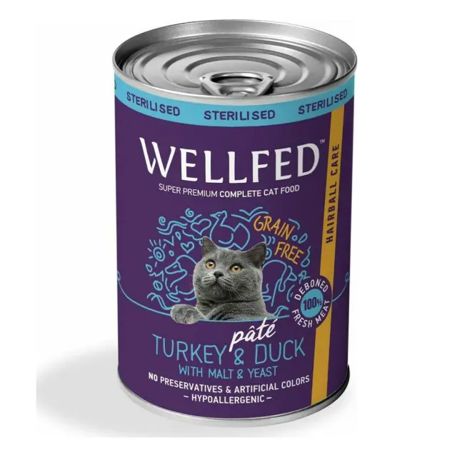 Wellfed Cat Sterilised Hairball Care Πατέ με Γαλοπούλα & Πάπια 400gr 11x7.5x7.5cm Μονόχρωμο