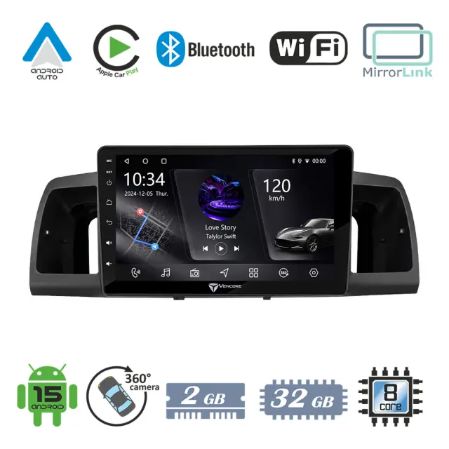 VenCore Οθόνη Multimedia Android 15 9" PX5S Octa-Core 2GB/32GB IPS με Πρόσοψη, CarPlay, Android Auto και Υποστήριξη Κάμερας 360° για Toyota Corolla 2002-2006 – Μαύρη (3236-10005-0254B)