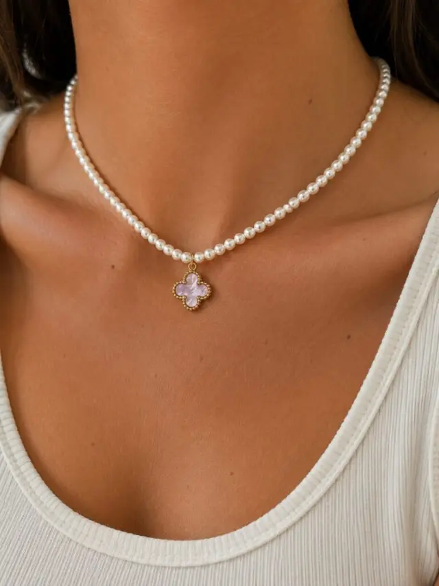 Ghetto Stainless Steel Pearl Clover Necklace | Pink Pendant 3