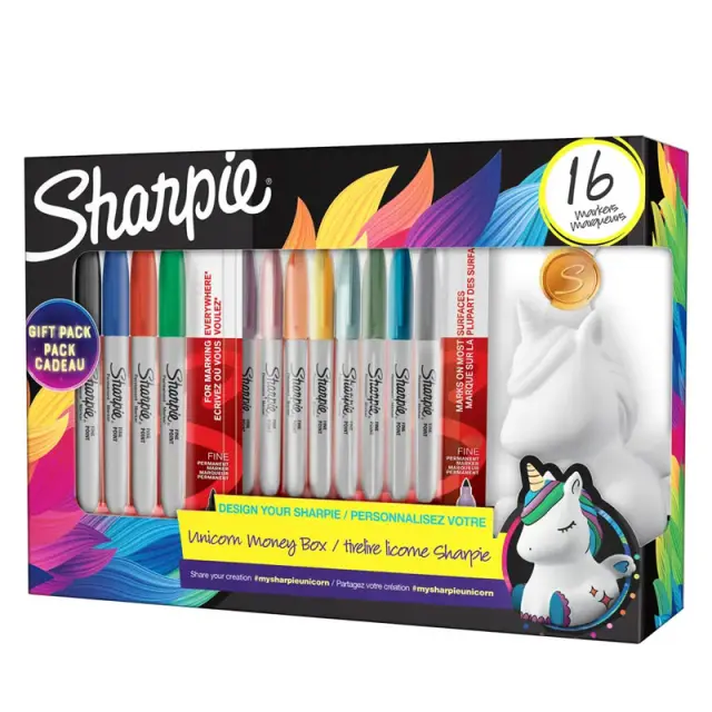 Σετ 16 Μαρκαδόροι Sharpie Fine Permanent 0.9mm + Κουμπαράς Μονόκερος