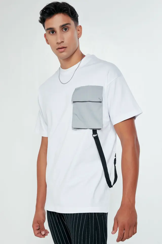 T-Shirt Βαμβακερό με Τσέπη Λευκό 2