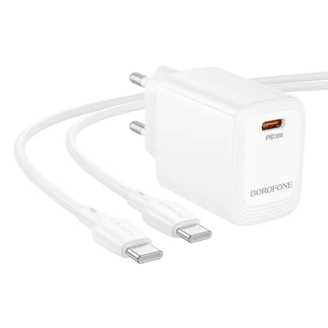 Φορτιστής Ταξιδίου Borofone BN28 Fuente GaN USB-C PD30W Mini Size + Καλώδιο Φόρτισης USB-C σε USB-C Λευκός