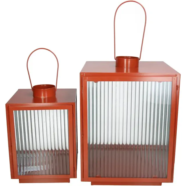 Φανάρι Κόκκινο Μέταλλο/Γυαλί 29x34.5x39cm Σετ 2Τμχ