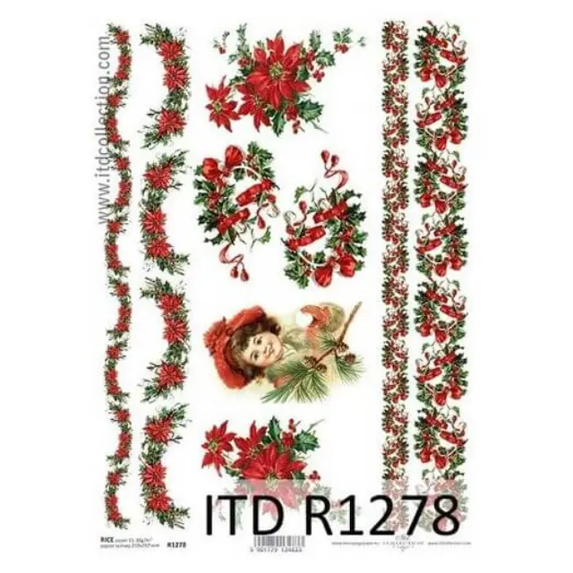 Ριζόχαρτο ντεκουπάζ ITD 21x29cm, Χριστουγεννιάτικες γιρλάντες και κοπέλα, R1278