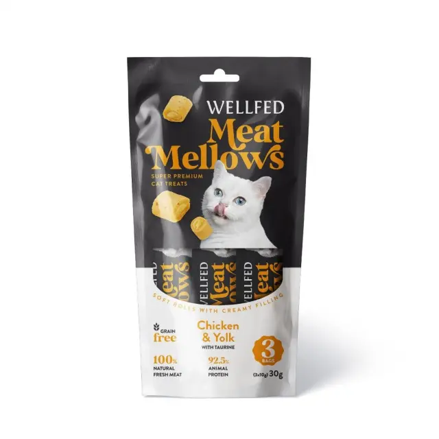 Wellfed Meat Mellows Λιχουδιά σε Ρολάκια με Γεύση Κοτόπουλο & Κρόκο Αυγού για Γάτες (3x10gr) Μονόχρωμο