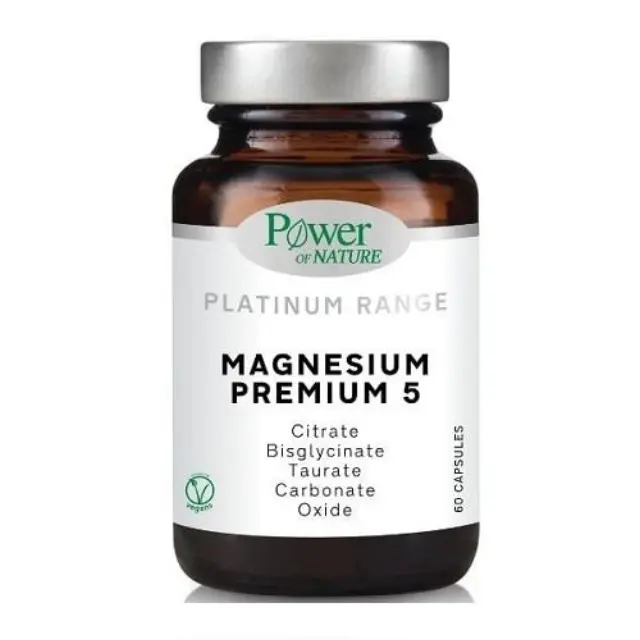 Power of Nature Platinum Magnesium Premium 5 Plus B6 Συμπλήρωμα Διατροφής για Παραγωγή Ενέργειας, Νευρικό Σύστημα & Φυσιολογική Ψυχολογική Λειτουργία, 60 κάψουλες