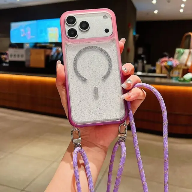 Transparent Glitter Θήκη Magsafe με Κορδόνι για iPhone 17 Pro Max/18 Pro Max-Pink Purple OEM