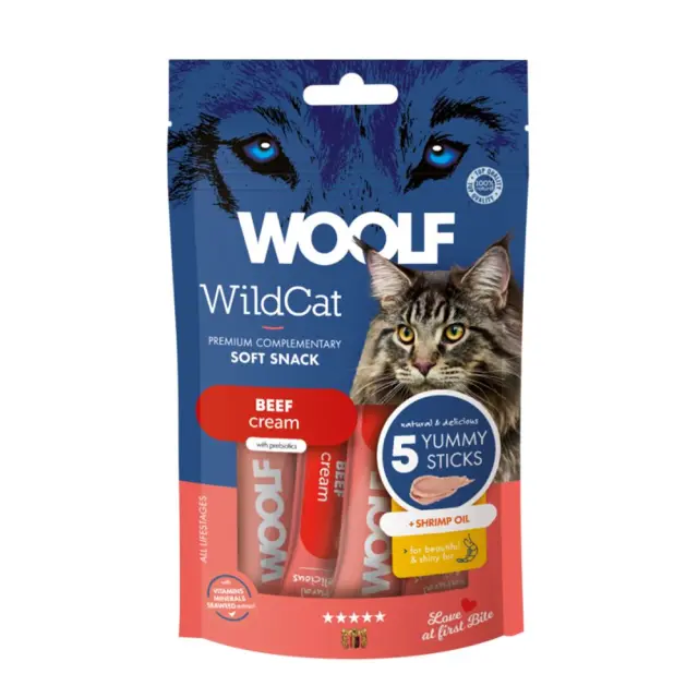 Woolf Wildcat Κρεμώδες Λιχουδιά Γάτας με Βοδινό & Λάδι Γαρίδας 5x14gr