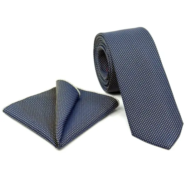 Μπλε Navy Πουά Γραβάτα Σετ με Μαντήλι 7,5 cm Modern Fit