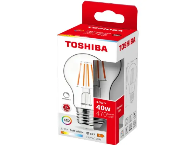 Toshiba LED Filament A60 E27 4.5W 2700K Dimmable (DELS-FBW44P527DF11)