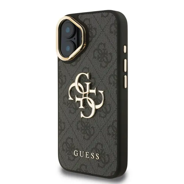 Guess PU 4G Metal Logo Stand Camera Frame Case for iPhone 16 Black 2