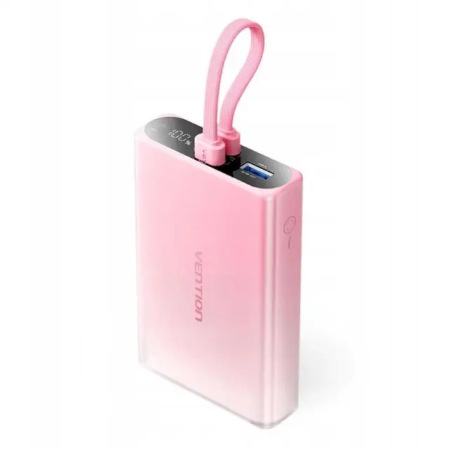 Vention 10000mAh power bank with LED display, USB-C + Lightning + USB-A, 22.5W (pink)