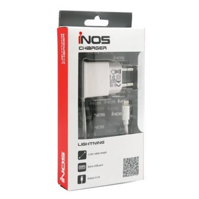 Φορτιστής Ταξιδίου inos Lightning με Extra Έξοδο USB Λευκό 2.1A N34403