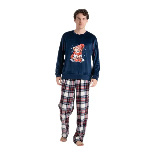 Rachel Ανδρική Πυτζάμα Fleece με Καρό Παντελόνι Winter Bear, Χρώμα Σκούρο Μπλε